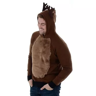 Mens Novelty Funny Knitted Christmas Jumper Xmas Overhead Hoody Rudolph Reindeer • £15.99