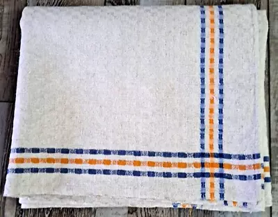 Vintage Woven Tablecloth Blue Orange Stripes Mid Century Granny Country 46x55 • $23.99