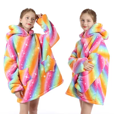 Kids Girls Boys Hoodie Poncho Comfy Nightware Fleece Lazy Blanket Hoody Pullover • £19.16