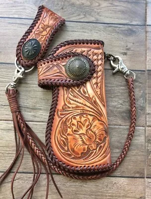 Custom Leather Biker Carved Wallet Chain Handmade Leather Mens Wallet Gift X42 • $179.99