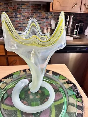 Vtg Murano Style Hand Blown Art Glass Vase Trumpet Flower Free Form Coil Yellow • $30