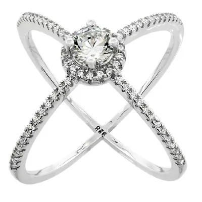 Sterling Silver Criss Cross Ring W/ Micro Pave Cubic Zirconia Stones • $31.99