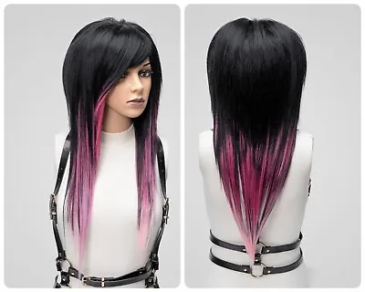 Ombré Black Pink Mullet Emo Wig With Bangs Full Density Balayage Spiky Cosplay • $176.86