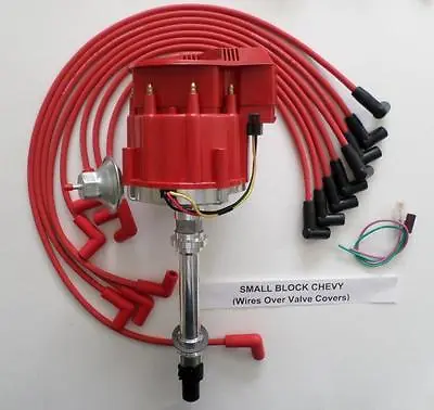 CHEVY 350 Super HEI Distributor & RED 8mm SPARK PLUG WIRES Over Valve Covers USA • $139.95