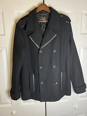 Guess Black Jacket Wool Blend Peacoat Size M Men's Double Breasted Leather Trim • $30