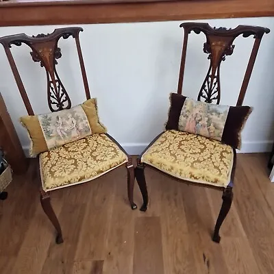 Edwardian Inlaid Mahogany Dressing Table Bedroom Chair Pair Embroidered Seat • £149.99