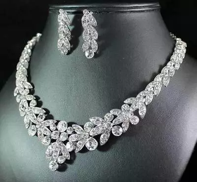 Floral Clear Austrian Rhinestone Crystal Necklace Earrings Set Bridal Prom N1601 • $19.99