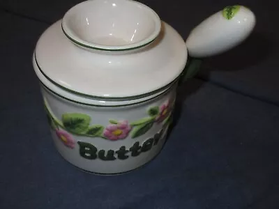 L Tremain BUTTER BELL CROCK - Ivory Green/Pink FLORAL Pattern W/ KNIFE - 2006 • $9.99