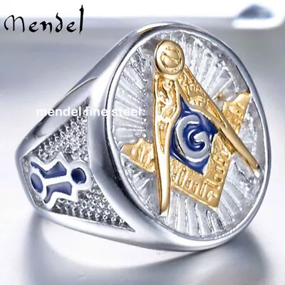 MENDEL Mens 10k Gold Plated Freemason Masonic Ring Men Stainless Steel Size 7-15 • $12.99