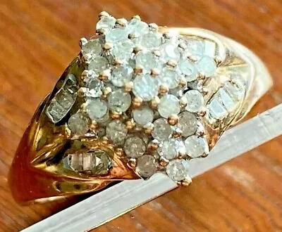 Vintage 10k Yellow Gold Diamond Cluster Ring Round Baguette Cut Sz 7 • $324.99