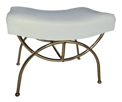 Vintage Gold Tone Metal Vanity Makeup White Vinyl Seat Chair Hollywood Regency • $124.95