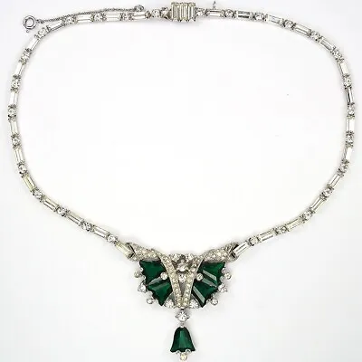 Mitchel Maer Pave Baguettes And Kite Shaped Emeralds Pendant Necklace • $695