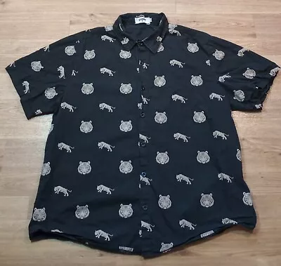 Vatpave Shirt Sz Extra Large Button Up Bengal Tiger All Over Print Black XL * • $10.39