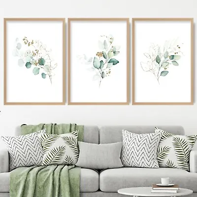 Framed BLUE GREEN Leaves Gold Effect Wall Art Print Picture Print Set Of 3 • £259