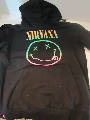 Divided H&M Nirvana Hoodie Sweatshirt Size S Black Multicolor Smiley Drawstring • £14.55