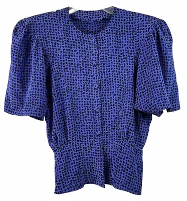 Vintage 80s Puffed Sleeve Peplum Blouse Royal Blue Abstract Dot Secretary M/L • $18