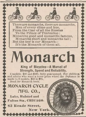 Monarch Cycles Lion King Of Bicycles 1896 Antique Print Ad • $9.88