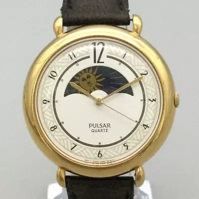 Vintage Pulsar Moon Phase Watch Unisex 35mm Gold Tone Leather Band New Battery • $58.49