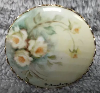 Vintage Hand Painted White Roses On Porcelain Round Pin Brooch Artist Signed • $24.99