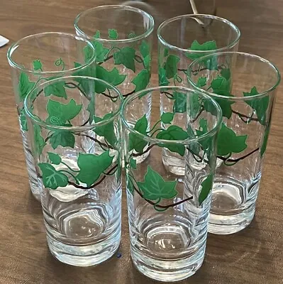 Vintage Set Of 6 Tumbler Drinking Glasses Hand Painted Green Ivy. • $29.99