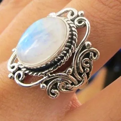 Large Vintage Boho Zircon Marquise Moonstone Personalized Ring Jewelry Size 9 • $0.01