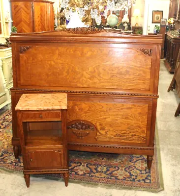 French Antique Burled Oak Art Deco Bedroom Set Queen Size Bed & Nightstand • $3200