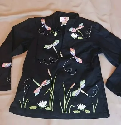 QUACKER FACTORY Womens Small Black Floral Embroidered Dragonfly Jacket Full Zip  • $14.95