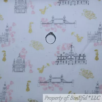 BonEFul Fabric FQ Cotton Quilt White Pink Flower Gold Metallic Mary Poppins Girl • $6.30