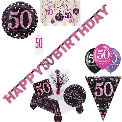 Black & Pink 50th Birthday Party Decorations Buntings Banners Balloons Age 50 • £3.99