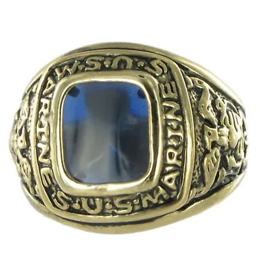 US Marines Mens Military Gold Tone Blue Glass Ring Sz 11 • $12.59
