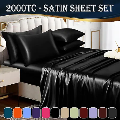 $3.79 • Buy 2000TC Silk Satin Fitted Sheet Set Bedding Pillowcase Single/Double/Queen/King