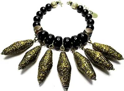 MASHA ARCHER Black Onyx Embossed Golden Spheres Necklace • $599.99