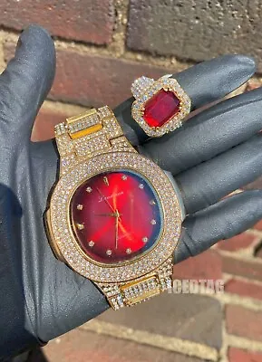 Hip Hop Iced Shiny Lux Gold Pt Lab Diamond Red Dial Bling Watch & Ruby Ring Set • $37.99
