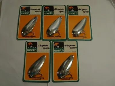 5 Vintage Worth Tackle Chippewa NOS  Polished Nickel  Casting Fishing Spoons • $9.95