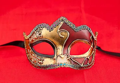 Mask From Venice Colombine IN Tip Art Deco Red And Golden For Fancy Dress 695 • $64.31