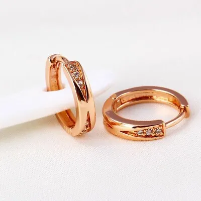 9ct 9K Rose Gold Plated Ladies Girls White Stone Small Hoop Earrings 15mm 2205 • £7.99
