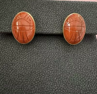 Vintage Large Opaque Carnelian Scarab Earrings Solid 14kY Gold Pierced Earring • $395