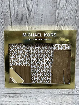 NWT Authentic Michael Kors Knit 3 Piece Set Hat Scarf Gloves Dark Camel Cream • $47.99
