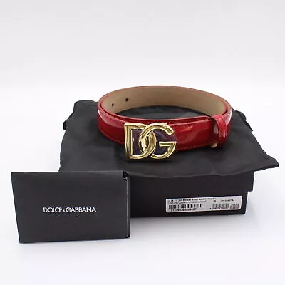 Dolce & Gabbana Polished Calfskin Belt With DG Logo Buckle In Red & Gold - 75 • £228.02