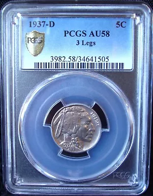 1937-D Buffalo Nickel 3 Legs - PCGS AU 58 - Gold Shield • $2657