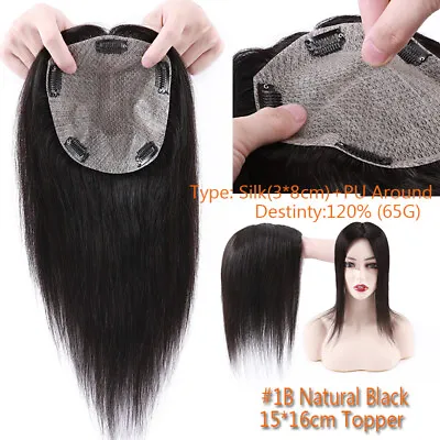 Clip In 100% Remy Topper Hairpiece Human Hair Top Piece Silk Base Toupee Wig Icy • $180.63