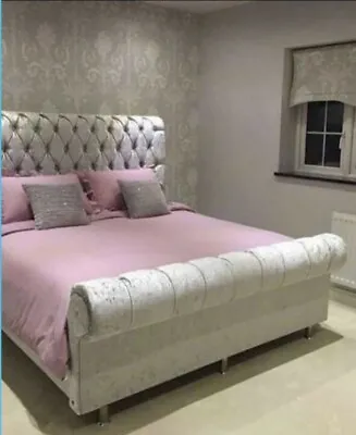 £437.91 • Buy New Stylish Sleigh Scroll Chesterfield Upholstered Designer Crushed Velvet Bed