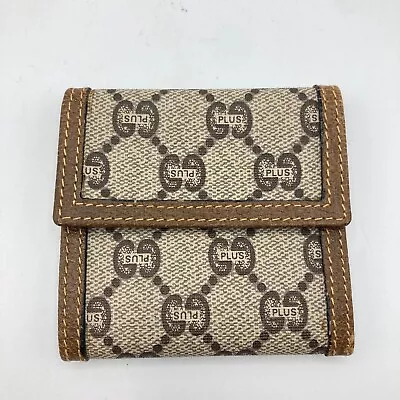 Auth Used Old GUCCI Plus Coin Purse Cow Leather 1527 Brown PVC Italy • $68.40