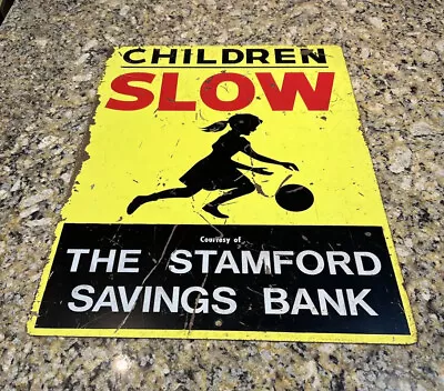 Vintage Slow Children Play Sign Bank Reflect Street Road LARGE HUGE Heavy 28” • $750