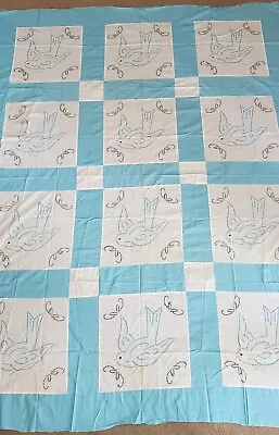 Vintage Quilt Top Blue Birds 70 X 93 Blue And White Hand Embroidered Bird Quilt • $50.75