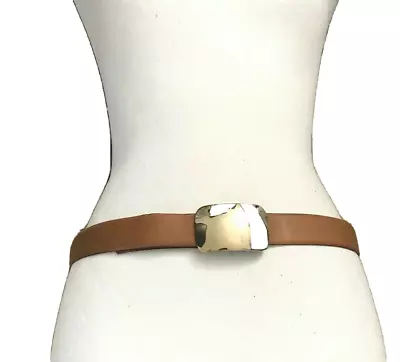 VTG Brown 1  Belt Women Gold Mirrored Buckle Mod Extra Small-Small Ladies • $21.24