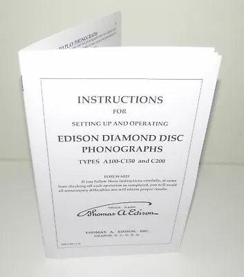 Edison Diamond Disc  Phonograph A100 C150 C200 Instruction Manual Reproduction  • $18