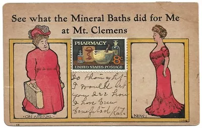 Mt. Clemens Michigan MI Mineral Bath AD 1911 Postcard 8 Cent Pharmacy Stamp • $10.85