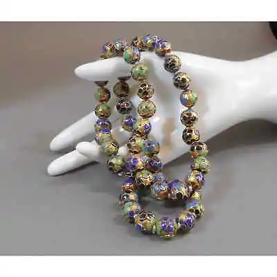 Vintage Cloisonne Enamel Chinese Bead Matinee Necklace Gold Green Blue Flowers • $95