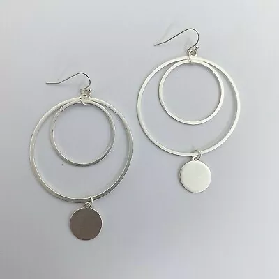 Vintage Matte Silver Tone Triple Circle Shapes Link Drop Dangle Hook Earrings • $8.29